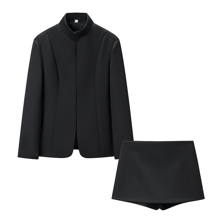 Women's Tailored Blazer Jacket with Stand-Up Collar and Matching Shorts Skirt Set Mune Fashion