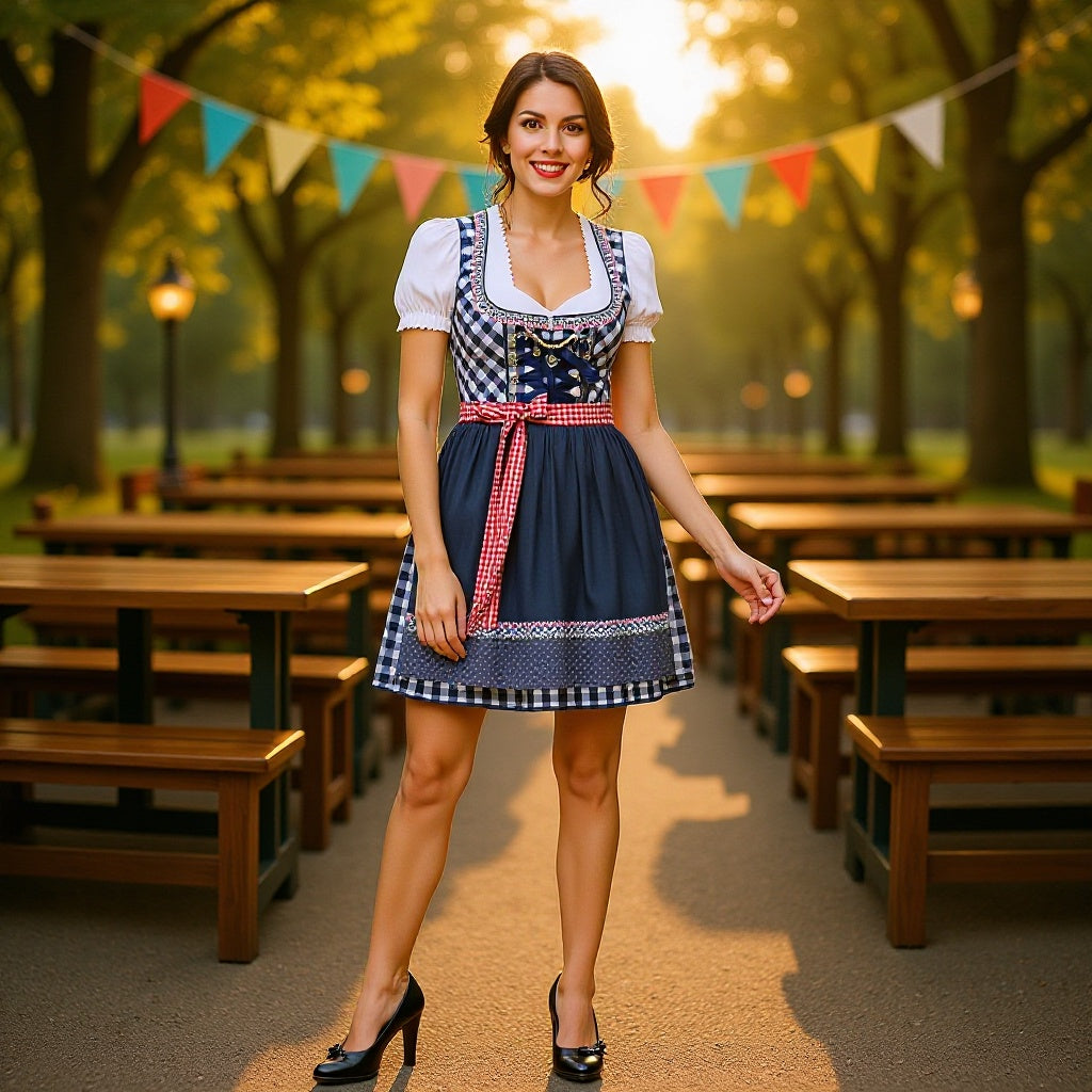 Ladies short traditional dirndl with heart-shaped neckline corset and checkered apron Mune Fashion