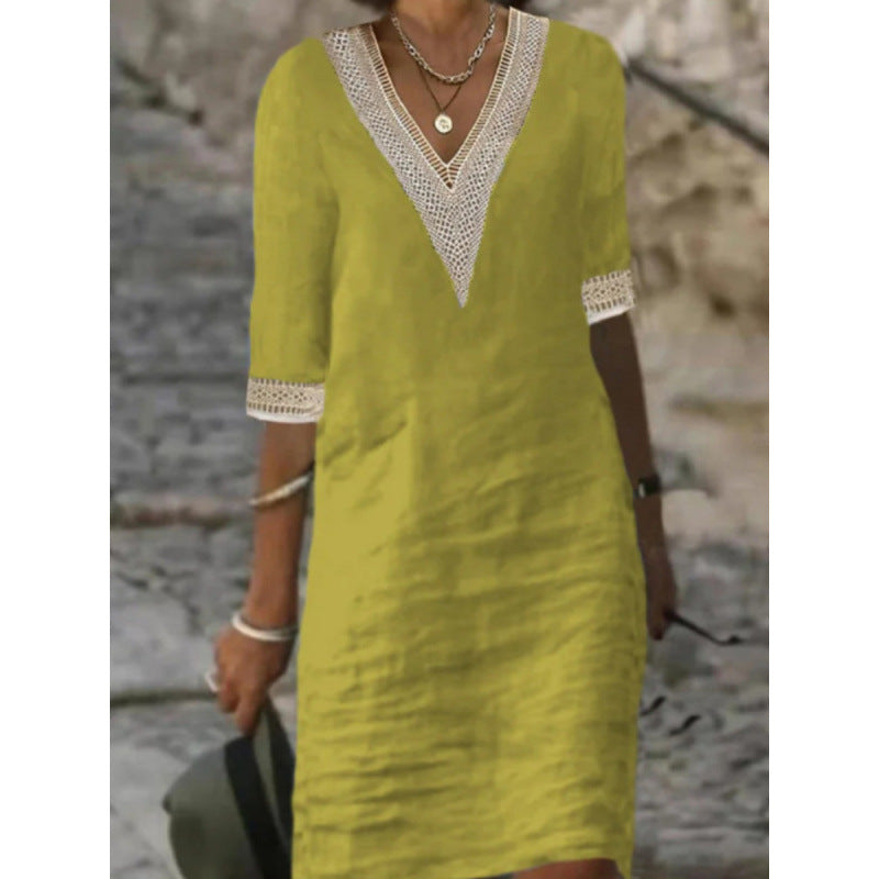 Women's Lightweight Linen Midi Dress with V-Neck and Crochet Lace Trim Mune Fashion