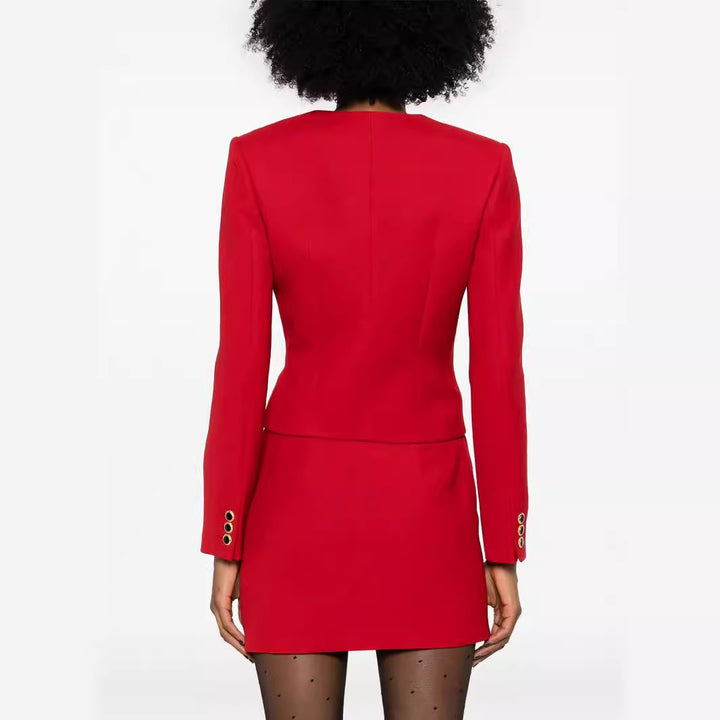 Ladies Two-Piece Blazer Top with V-Neck and Wrap Mini Skirt in Tailoring Look Mune Fashion