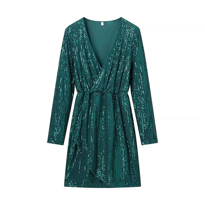 Women's wrap mini dress with sequin trim, deep V-neckline and fitted tie belt Mune Fashion