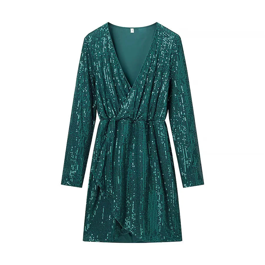 Women's wrap mini dress with sequin trim, deep V-neckline and fitted tie belt Mune Fashion