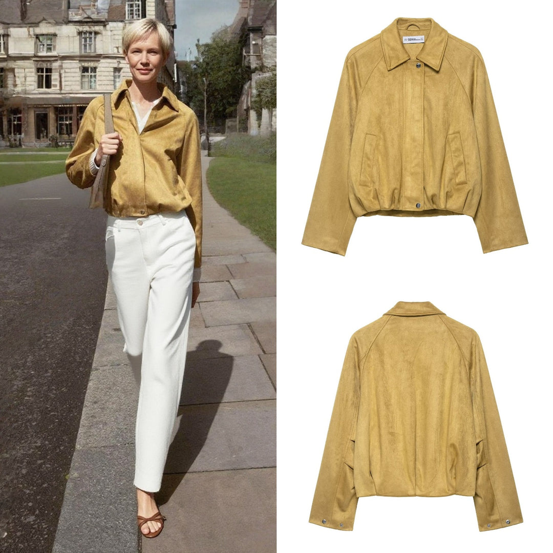 Women's short-cut suede look bomber jacket with raglan sleeves and elastic hem Mune Fashion