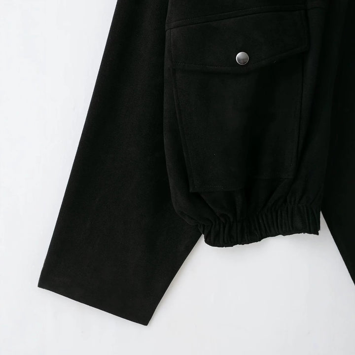 Women Short-cut Bomber Jacket made of Suede-look Fabric in Utility Look with Funnel Neck and Flap Pockets Mune Fashion