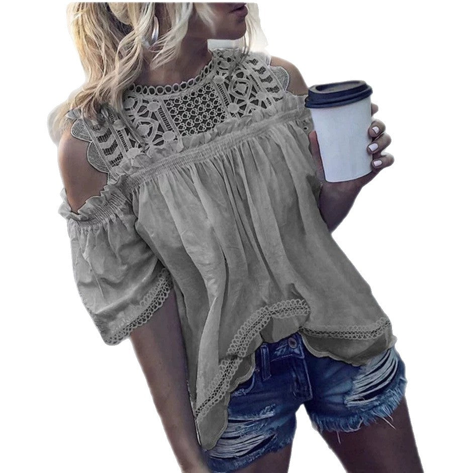 Ladies airy blouse with crochet collar, cut-out shoulders and flared hem Mune Fashion