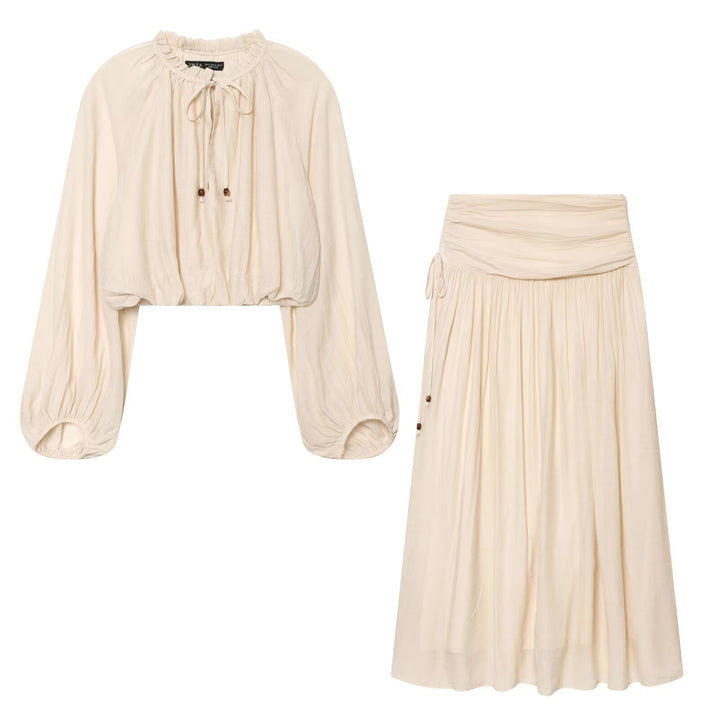Women's Lightweight Pleated Crop Top with Ruffled Collar and Drawstring Mune Fashion