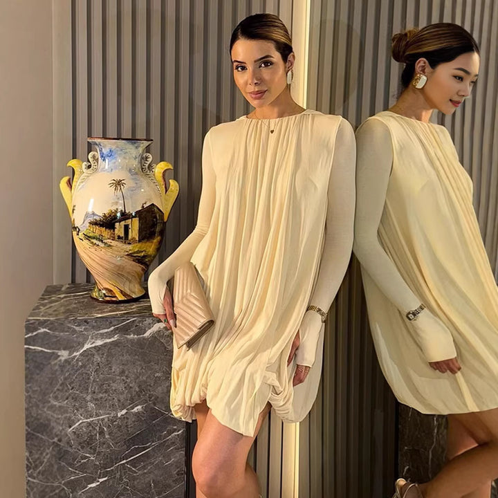 Women's Flowing Pleated Tunic with Long Sleeves and Gathered Round Neck Mune Fashion