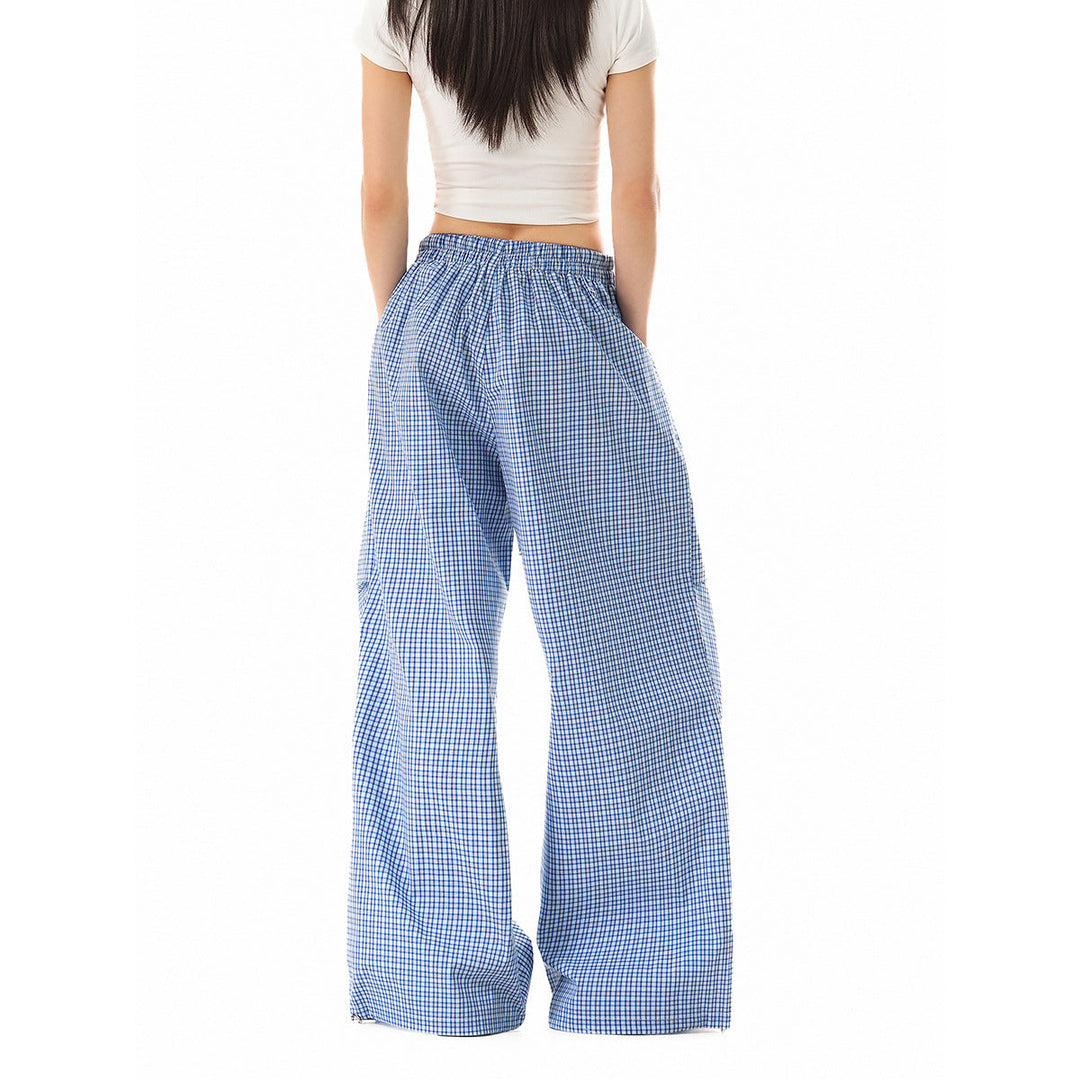 Women's wide cotton trousers with elastic waistband, check pattern and adjustable hem cord Mune Fashion