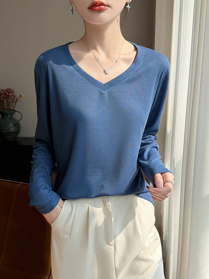 Ladies Lightweight V-Neck Fine Knit Long Sleeve Mune Fashion