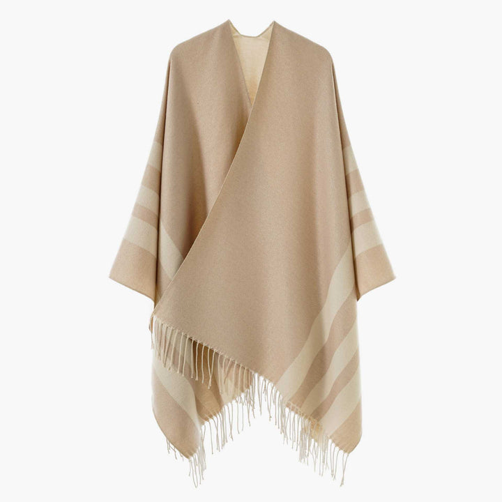 Women's Large Wool Blend Fringe Poncho with Diagonal Contrast Stripes Mune Fashion