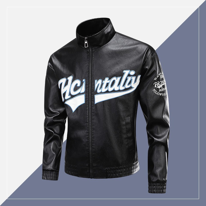 Men's Leather Look Bomber Jacket with Stand Collar, Logo Embroidery & Front Zip Mune Fashion