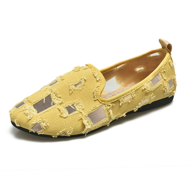Women's casual slip-on shoes with mesh inserts and frayed denim details Mune Fashion