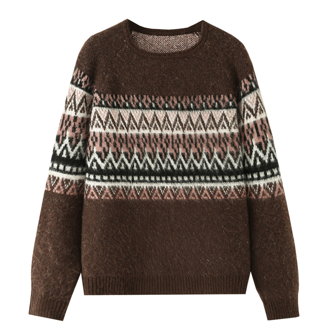 Women Oversize Mohair-Mix Sweater with Round Neck and Fair Isle Pattern Mune Fashion