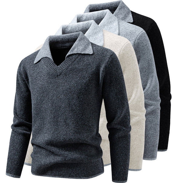 Men's fine knit sweater with shirt collar and V-neck Mune Fashion