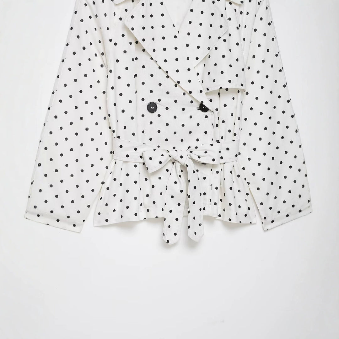 Women Polka Dot Cropped Trench Coat with Tie Belt Mune Fashion