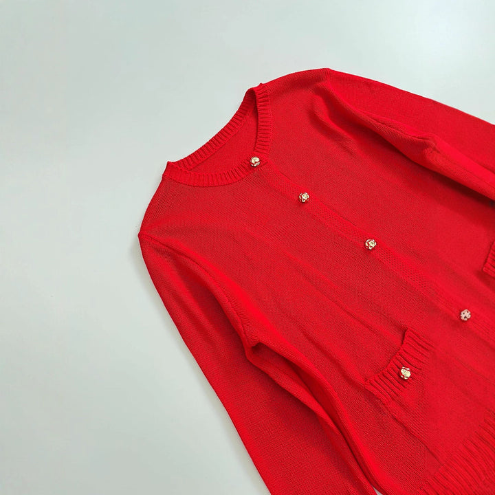 Women Fine Knit Cardigan with Decorative Buttons, Round Neckline and Patch Pockets Mune Fashion