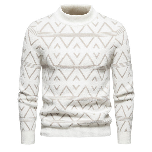 Men's fine-knit mock neck pullover with geometric jacquard pattern and ribbed hem Mune Fashion