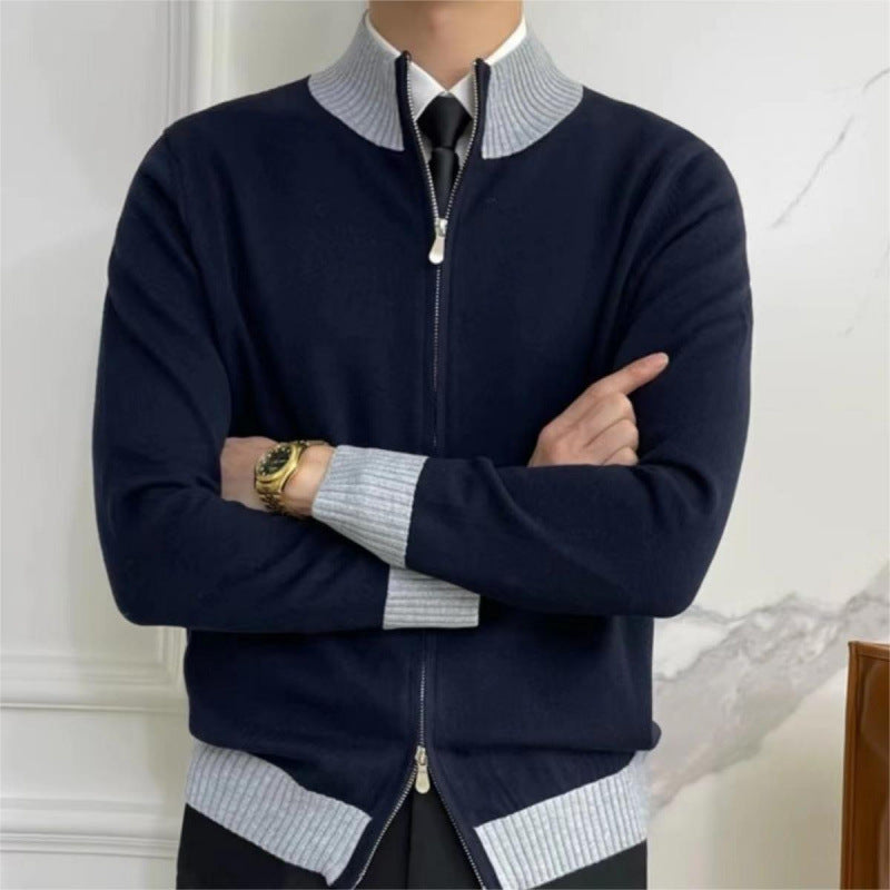 Men's zip fine knit cardigan with standing collar and ribbed hem Mune Fashion