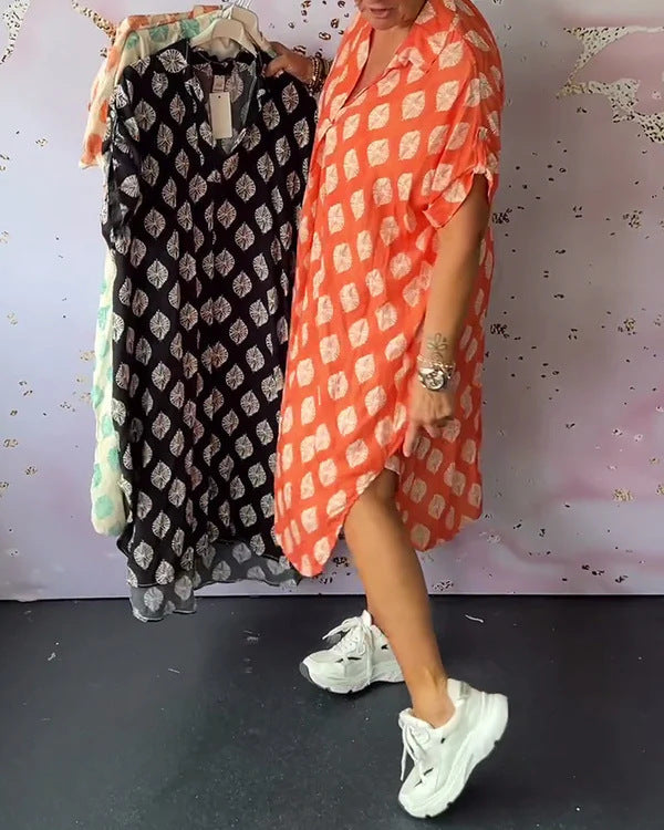 Women's shirt dress similar to a kaftan with V-neck, dropped shoulders, and textured muslin quality Mune Fashion