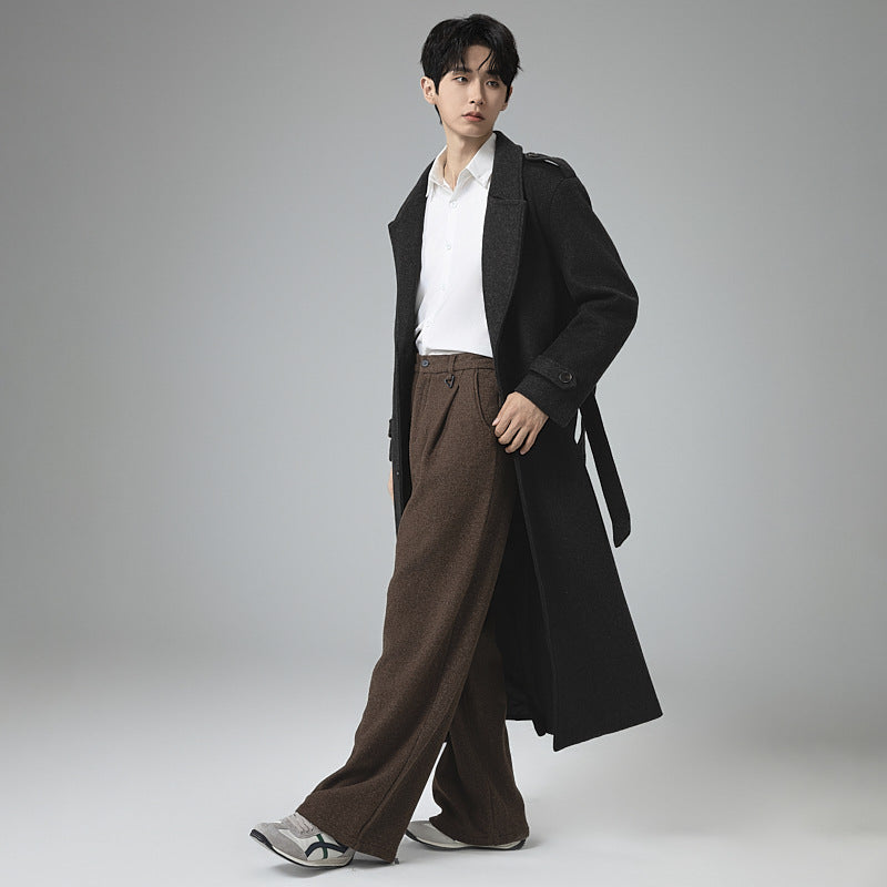Men's maxi-length wool blend coat with tailored silhouette, shawl collar, and decorative shoulder straps Mune Fashion