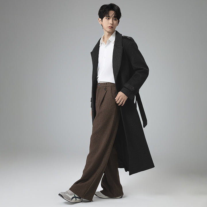 Men's maxi-length wool blend coat with tailored silhouette, shawl collar, and decorative shoulder straps Mune Fashion