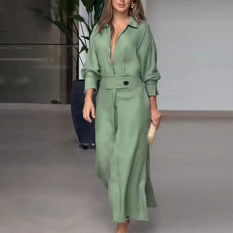 Women’s Linen Maxi Dress with Shirt Collar, Waist Belt and Side Slits Mune Fashion