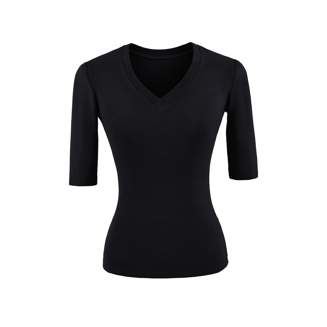 Women's Fitted V-Neck Three-Quarter Sleeve Fine Rib Top made of Stretch Jersey Mune Fashion