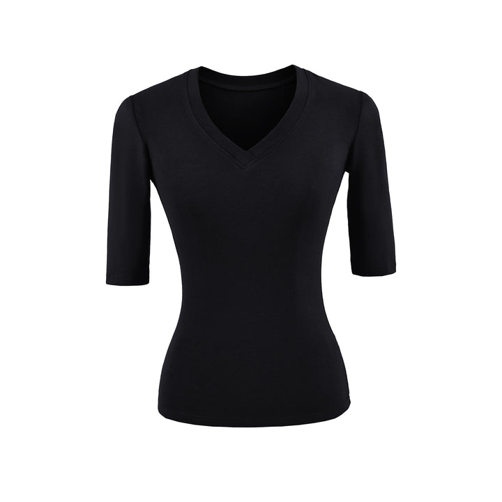 Women's Fitted V-Neck Three-Quarter Sleeve Fine Rib Top made of Stretch Jersey Mune Fashion
