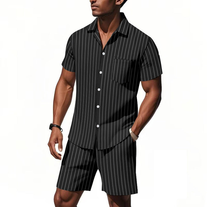 Men's Short Sleeve Pajama Set with Subtle Striped Pattern and Practical Chest Pocket Mune Fashion