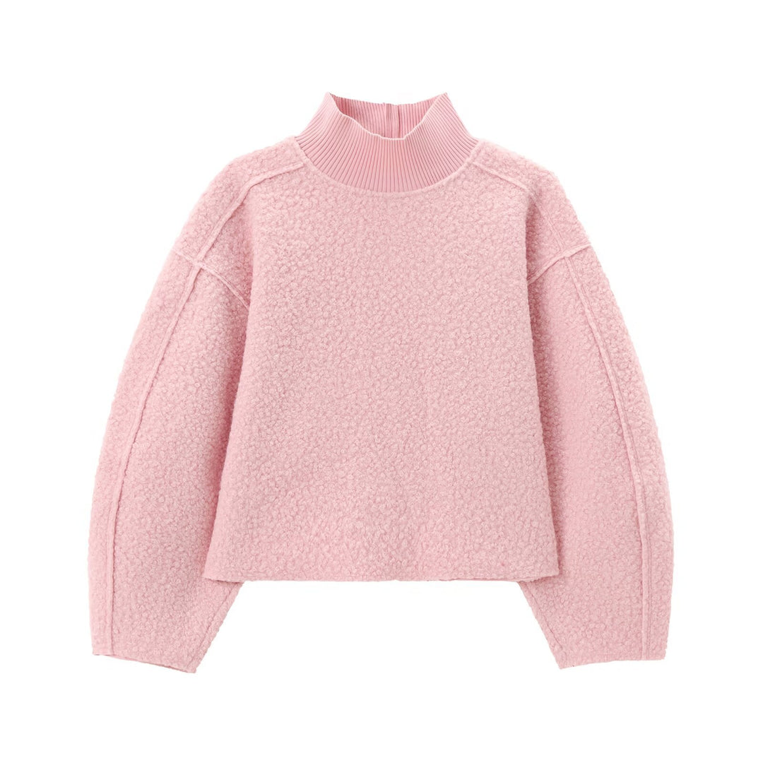 Women Oversize Cropped Pullover with Stand-Up Collar and Balloon Sleeves Mune Fashion