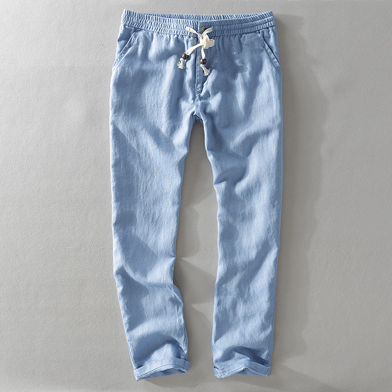 Women's linen pants with elastic waistband, drawstring, and straight leg Mune Fashion