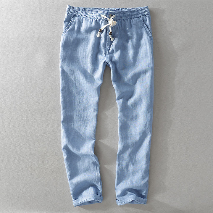 Women's linen pants with elastic waistband, drawstring, and straight leg Mune Fashion