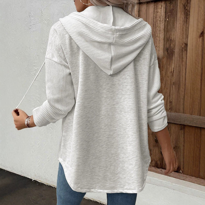 Women's hooded cardigan with button placket, contrasting ribbed sleeves, and casual longline silhouette Drune