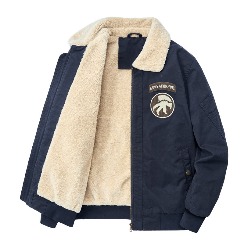 Men's Sherpa-lined canvas pilot jacket with warm teddy lining, sherpa collar, and sleeve utility pocket Mune Fashion