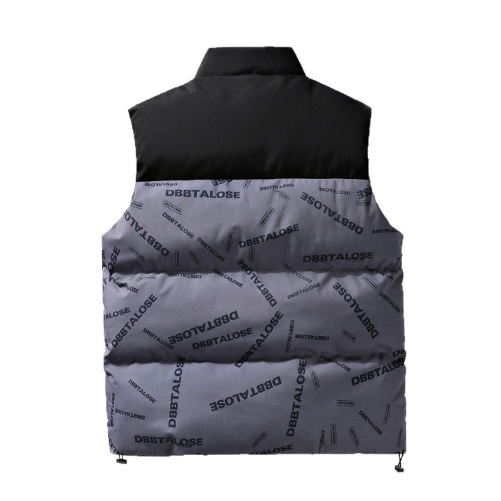 Men's Quilted Vest with High Stand-up Collar, All-over Logo Print & Drawstring Mune Fashion