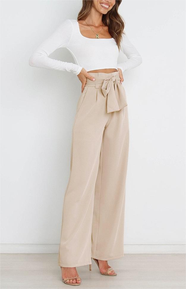 Women's Wide High-Waist Paperbag Pants with Pleats and Tie Belt Drune
