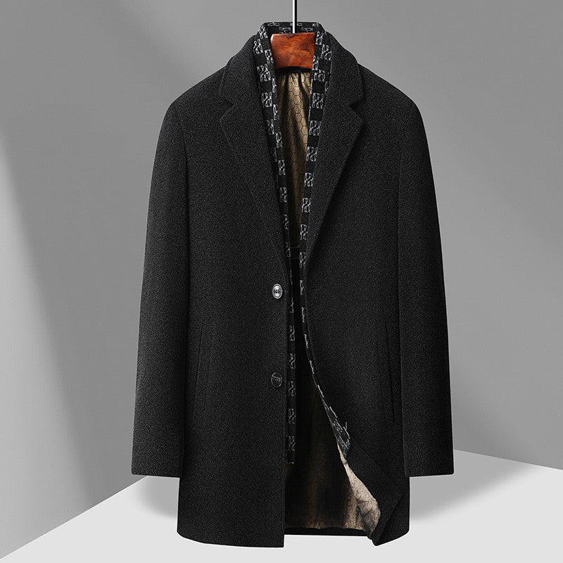 Men's Elegant Single-Breasted Wool Blend Overcoat with Quilted Logo Interior Mune Fashion