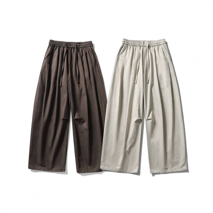 [Unisex] Wide linen blend pants with elastic waistband and drawstring Mune Fashion
