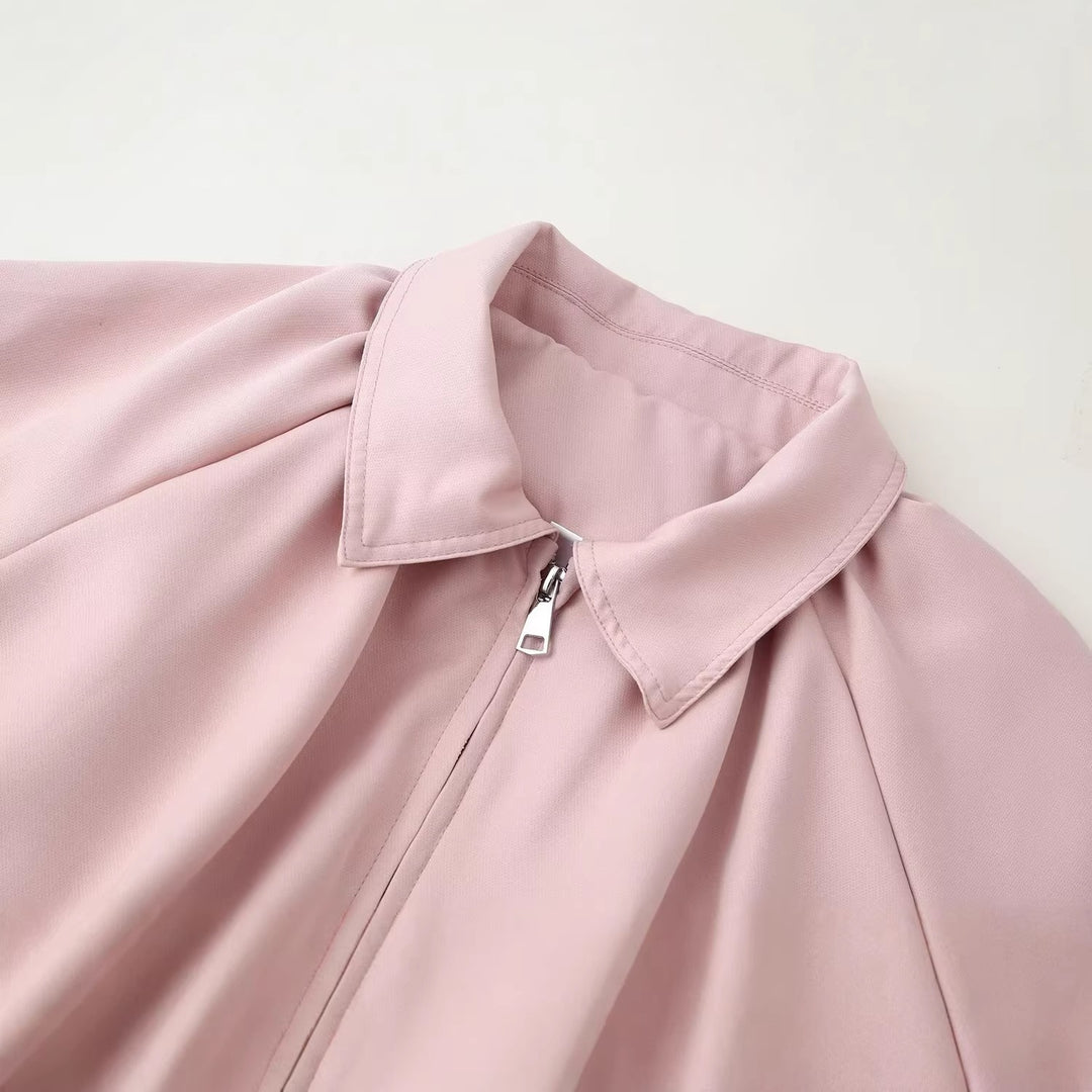 Women's Cropped Bomber Jacket with Shirt Collar, Zipper and Gathered Hem Mune Fashion