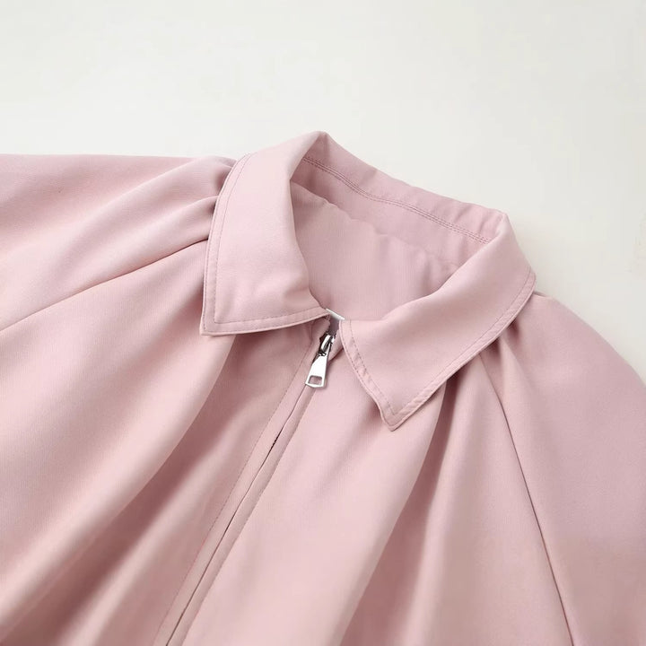 Women's Cropped Bomber Jacket with Shirt Collar, Zipper and Gathered Hem Mune Fashion