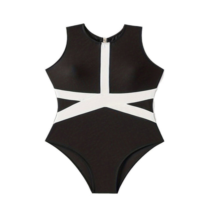Women's One-Piece Swimsuit with sporty zipper and stylish color block design Mune Fashion