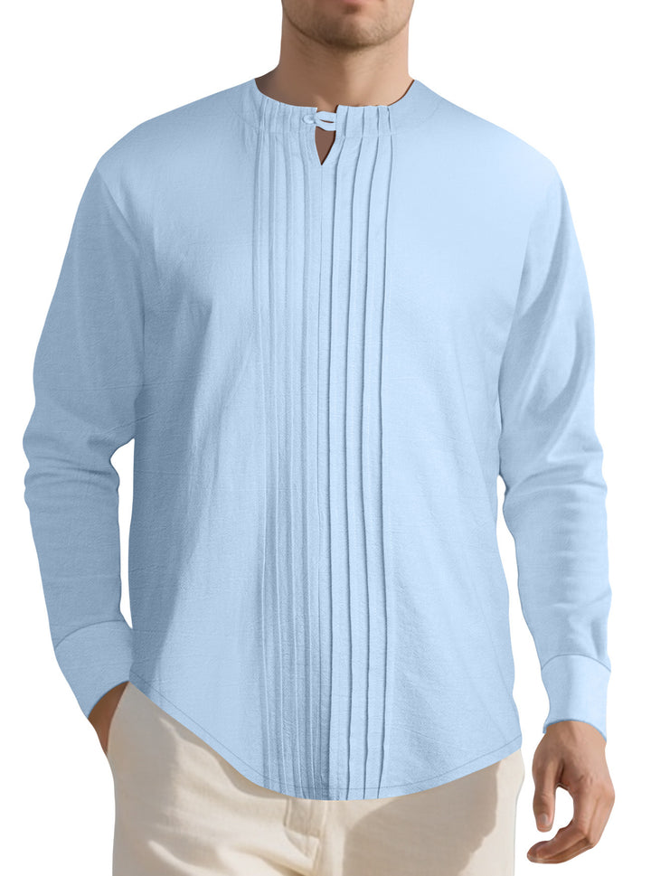 Men's Lightweight Long Sleeve Shirt in Linen Look with Stand-Up Collar, Pleats and Loop Closure Mune Fashion