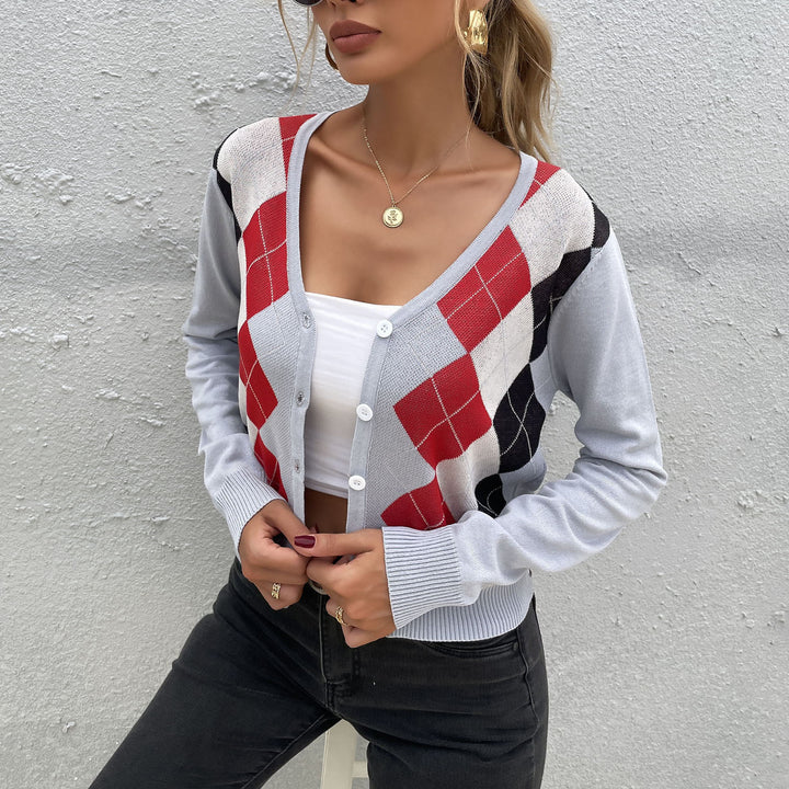 Ladies' Argyle Cardigan with deep V-neck, fine fine knit and button placket Mune Fashion