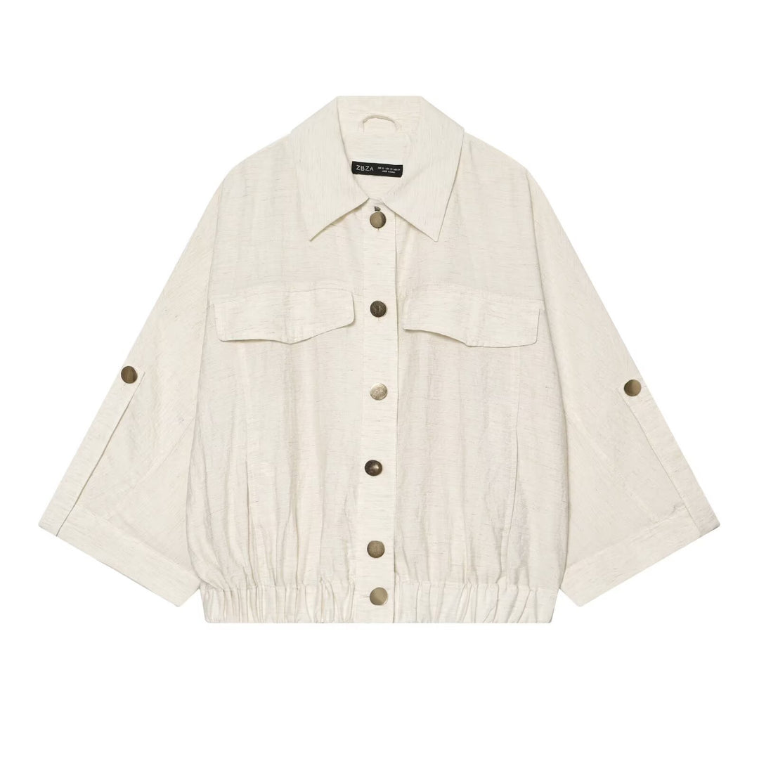 Women Loose-Fit Lightweight Shirt Jacket with Three-Quarter Sleeves, Chest Pockets and Elastic Hem Mune Fashion