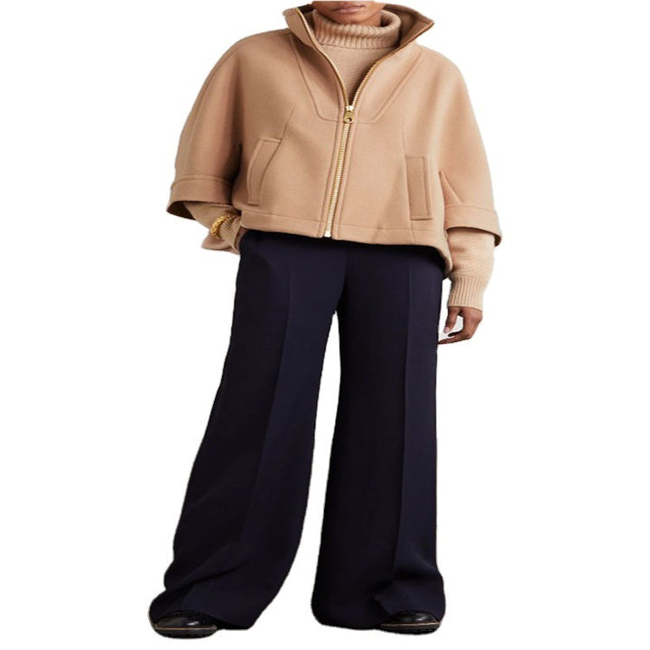 Women's Short Cape Jacket made of Wool Blend with Stand-up Collar and Zipper Mune Fashion