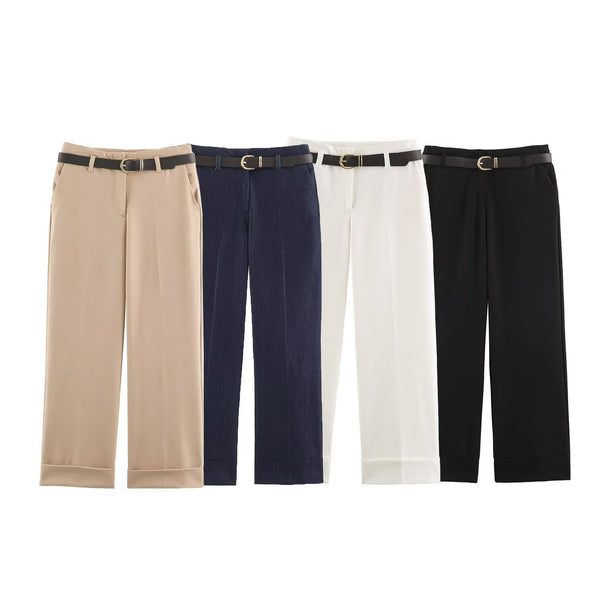 Ladies high-waisted culotte pants with wide leg, crease and turned-up hem Drune