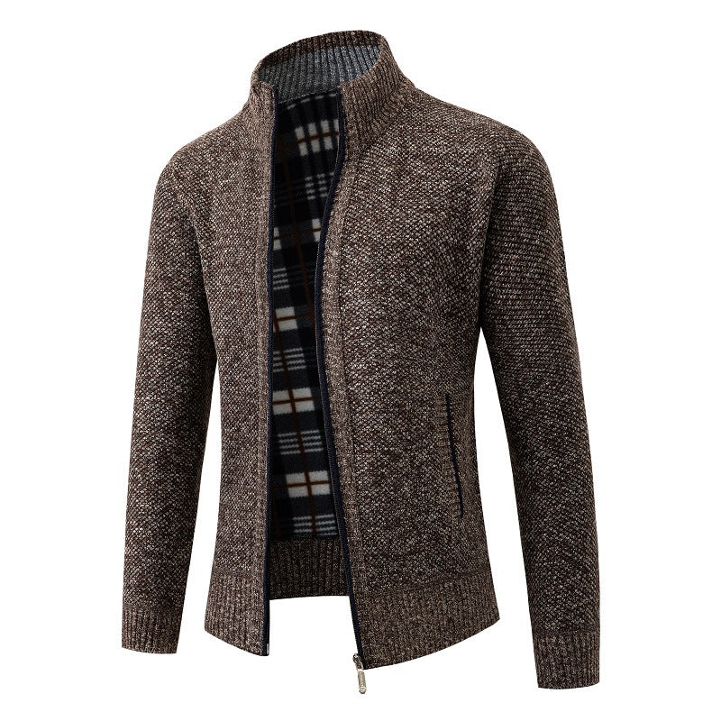 Men's Structured Zip Cardigan with Check Fleece Lining and Stand-Up Collar Mune Fashion