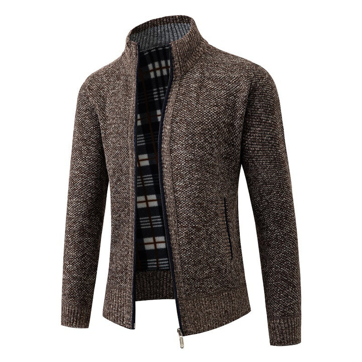 Men's Structured Zip Cardigan with Check Fleece Lining and Stand-Up Collar Mune Fashion