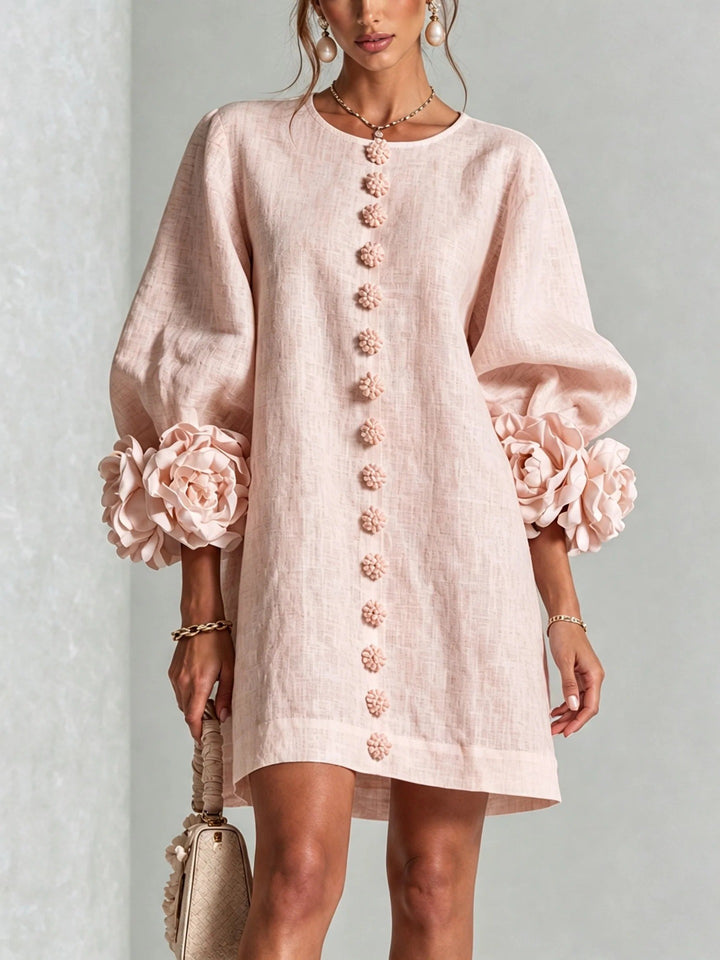 Women’s midi dress with voluminous puff sleeves, 3D flower button placket and linen texture Mune Fashion