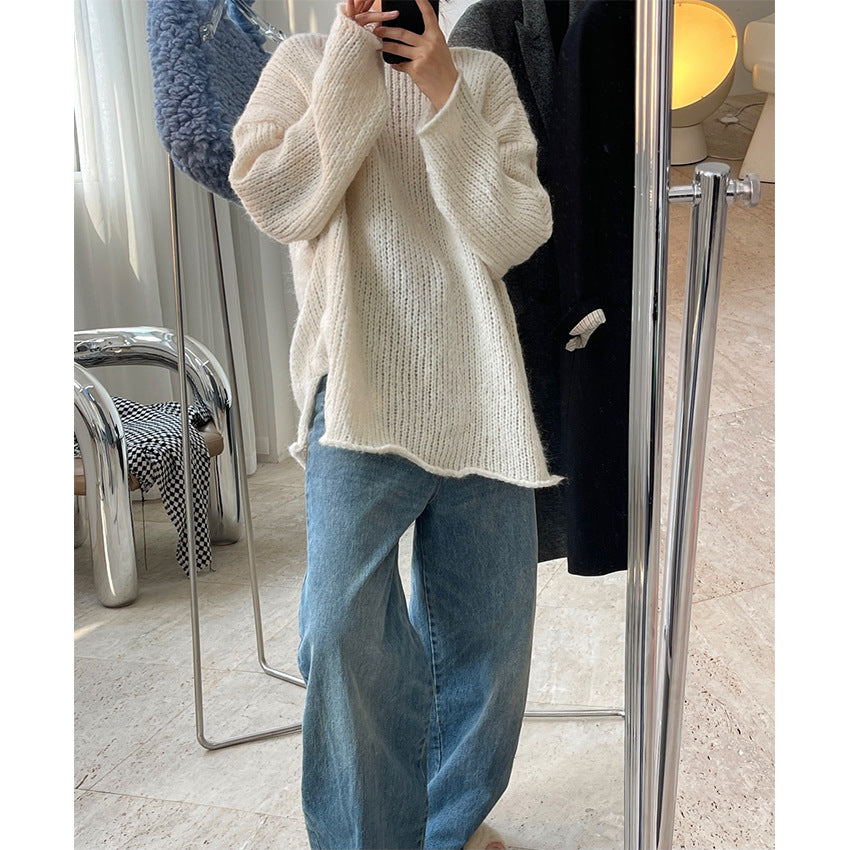 Ladies chunky knit oversized sweater with crew neck and extended hem Mune Fashion